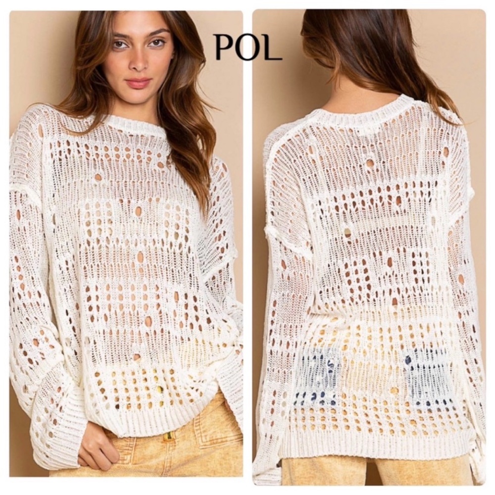 New Beautiful POL Crochet Detail Oversized Ivory Lightweight Sweater - Picture 2 of 7